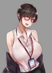  :d bangs bare_shoulders black_hair black_pants bra_through_clothes breasts buttons collarbone commentary dress_shirt earrings english_commentary eyebrows_visible_through_hair eyes_visible_through_hair glasses grey_background highres id_card jewelry lanyard large_breasts looking_at_viewer norman_maggot off_shoulder office_lady ol-chan_(norman_maggot) open_mouth original pants pink_eyes pixie_cut red-framed_eyewear shiny shiny_hair shirt shirt_tucked_in short_hair simple_background sleeveless sleeveless_shirt smile solo very_short_hair wing_collar 