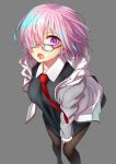  absurdres breasts fate/grand_order fate_(series) glasses grey_background hair_over_one_eye highres jacket jacket_on_shoulders looking_at_viewer mash_kyrielight medium_breasts necktie open_mouth orihiro0614 pantyhose pulling purple_eyes purple_hair short_hair simple_background solo standing tongue 