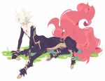  1boy arm_support blue_eyes centaur collar earrings fate/apocrypha fate_(series) gem grass hair_over_one_eye jewelry karna_(fate) male_focus monster_boy monsterification simple_background solo spiked_hair white_background white_hair 