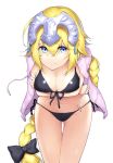  bikini black_bikini black_bow blonde_hair blue_eyes bow braid breasts cowboy_shot crossed_arms dabuki fate/apocrypha fate/grand_order fate_(series) front-tie_top hair_bow headpiece highres jacket jeanne_d'arc_(fate) jeanne_d'arc_(fate)_(all) large_breasts leaning_forward long_braid long_hair looking_at_viewer pink_jacket simple_background single_braid solo swimsuit thigh_gap very_long_hair white_background 