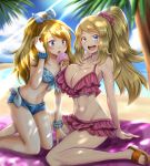  beach bikini blonde_hair blue_bikini blue_eyes blue_sky breast_envy breasts cleavage day dual_persona food frilled_bikini frills front-tie_top highres huge_breasts long_hair medium_breasts multiple_girls navel ocean outdoors palm_tree pokemon pokemon_(anime) pokemon_(game) pokemon_xy pokemon_xy_(anime) popsicle purple_bikini sand sandals serena_(pokemon) sky smile swimsuit takecha tree 