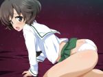  akiyama_yukari all_fours ass bangs bed_sheet black_neckwear blouse brown_eyes brown_hair from_side girls_und_panzer green_skirt highres light_smile long_sleeves looking_at_viewer messy_hair microskirt neckerchief on_bed ooarai_school_uniform open_mouth ouhashi panties pleated_skirt school_uniform serafuku short_hair skirt solo underwear white_blouse white_panties 