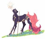  1boy ahoge centaur collar earrings fate/apocrypha fate_(series) grass hooves jewelry karna_(fate) male_focus monster_boy monsterification simple_background solo spiked_collar spiked_hair spikes staff tail white_background white_hair 