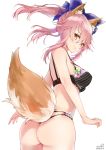  animal_ears ass bikini black_bikini bow breasts cleavage commentary_request fate/grand_order fate_(series) flower fox_ears fox_tail from_behind hair_ribbon highres large_breasts looking_back pink_hair ribbon sakippo_(sakippo0) sideboob standing swimsuit tail tail_raised tamamo_(fate)_(all) tamamo_no_mae_(swimsuit_lancer)_(fate) twitter_username wrist_extended yellow_eyes 
