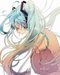  absurdres blue_hair character_name closed_eyes crying detached_sleeves grey_shirt hatsune_miku headphones highres long_hair makoji_(yomogi) open_mouth shirt simple_background solo tears twintails very_long_hair vocaloid white_background 