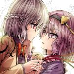  bow bowtie braid brown_jacket face-to-face frilled_sleeves frills from_side hairband hand_on_another's_cheek hand_on_another's_face heart holding_hands interlocked_fingers jacket kishin_sagume komeiji_satori light long_sleeves looking_at_another medium_hair multiple_girls open_clothes open_jacket pink_eyes pink_hair red_eyes red_neckwear silver_hair touhou upper_body y2 yuri 