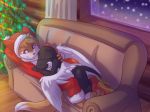  2017 anthro black_yoshi brown_fur canine christmas christmas_tree clothing costume cuddling female fox fur hat holidays hoodie_(character) male mammal mario_bros nintendo purple_eyes red_clothing ripli santa_costume santa_hat scalie smile snow sofa tree video_games white_fur window winged_yoshi wings yoshi 