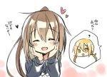  :d ? blonde_hair blush brown_hair closed_eyes fumizuki_(kantai_collection) hands_on_own_cheeks hands_on_own_face heart kantai_collection long_hair low_twintails multiple_girls nagasioo open_mouth ponytail satsuki_(kantai_collection) simple_background smile spoken_character translated twintails white_background yellow_eyes 