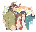  2boys animal_ears black_hair brown_hair brown_shirt cain_(granblue_fantasy) cat_ears choker confetti cow_horns draph eyepatch fake_animal_ears ferris_wheel food granblue_fantasy green_jacket highres horns ice_cream jacket leona_(granblue_fantasy) multiple_boys popped_collar red_jacket reinhardtzar self_shot shirt sweatdrop toramaru_(696anna) upper_body v white_shirt 