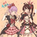  ;d anniversary black_ribbon bow brown_hair cleavage_cutout commentary_request confetti cowboy_shot diantha_(granblue_fantasy) dress flower granblue_fantasy hair_bow hanarito holding_hand lavender_eyes lavender_hair linaria_(granblue_fantasy) multiple_girls one_eye_closed open_mouth orange_background pink_hair plaid red_bow ribbon rose side_ponytail simple_background smile yellow_eyes 