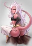  1girl ahoge android_21 ass blackingyourwaifu breasts dark-skinned_male dark_skin dragon_ball dragon_ball_fighterz dragonball_z eyebrows female long_hair looking_back majin_(race) majin_android_21 open_mouth pants penis pink_skin pointy_ears red_eyes simple_background tail tube_top vaginal white_hair 