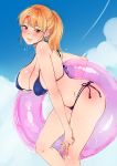  1girl ane_wa_yanmama_junyuuchuu_in_atami_da~!! bangs bikini blonde_hair blue_bikini blue_panties blush breasts brown_eyes cleavage clouds earrings engawa_suguru grin hair_tie innertube jewelry large_breasts looking_at_viewer milf panties parted_lips ponytail pose short_hair side-tie_panties sky smile solo standing sweat swimsuit thighs tied_hair underwear wet 