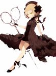  bad_id bad_twitter_id bangs black_bow black_footwear black_gloves black_hat blonde_hair bow brown_dress closed_mouth commentary_request dress full_body gloves hair_between_eyes hair_ornament hair_over_one_eye hat high_heels highres holding holding_scissors looking_at_viewer mabuta_(byc0yqf4mabye5z) magical_girl mahou_shoujo_ikusei_keikaku nurse_cap oversized_object scissors shadowgale short_hair simple_background sleeveless sleeveless_dress solo white_background yellow_eyes 