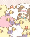  1girl :d alternate_color brown_eyes brown_hair creature creatures_(company) dadadanoda double_bun game_freak gen_2_pokemon hat highres mareep mei_(pokemon) nintendo open_mouth pokemon pokemon_(creature) pokemon_(game) pokemon_bw2 polka_dot polka_dot_background shiny_pokemon smile white_hat 