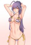  1girl adjusting_hair antenna_hair arm_behind_head arm_up armpits bangs bikini blazblue blazblue_remix_heart blazblue_variable_heart blue_hair bluefield blush bow breasts cleavage collarbone cowboy_shot erect_nipples genderswap genderswap_(mtf) gluteal_fold groin hair_between_eyes hair_bow highres long_hair mai_natsume medium_breasts navel open_mouth ponytail pulled_by_self red_eyes side-tie_bikini sidelocks solo stomach string_bikini striped striped_bikini sweat swimsuit thigh_gap thighs underboob very_long_hair wet wet_clothes wet_swimsuit yellow_bow 