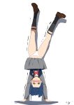  artist_name ass_visible_through_thighs black_legwear blue_hair blush brown_footwear closed_mouth darling_in_the_franxx dress forehead full_body green_eyes grey_dress hair_ornament hairclip handstand highres ichigo_(darling_in_the_franxx) kneehighs long_sleeves looking_at_viewer military military_uniform motion_lines nanaya_(daaijianglin) nose_blush panties pantyshot short_hair signature simple_background solo trembling underwear uniform upside-down v-shaped_eyebrows wavy_mouth white_background white_panties 