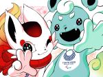  ;) black_eyes bright_pupils fangs fox kitsune_(team_i) komainu komainu_(team_i) logo mascot momomo_kemo no_humans olympics one_eye_closed outstretched_hand rope shimenawa smile upper_body v 