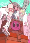  ass belt blue_eyes character_doll character_name crate deadpool from_behind gradient_hair gwen_poole gwenpool heart leotard looking_at_viewer looking_back marvel multicolored_hair open_mouth roller_skates shield shin_guards skates spider-man toriko_(hatoriko) 