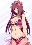  absurdres arms_behind_back bangs bikini blush breasts chaoxi cleavage closed_mouth cowboy_shot dated eyebrows_visible_through_hair fate/grand_order fate_(series) flower hair_flower hair_ornament highres large_breasts long_hair looking_at_viewer navel pink_bikini purple_hair red_eyes sarong scathach_(fate)_(all) scathach_(swimsuit_assassin)_(fate) see-through signature smile solo standing stomach swimsuit two-tone_background very_long_hair wristband 