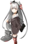  amatsukaze_(kantai_collection) brown_dress brown_eyes choker clenched_hand collarbone commentary_request dress hair_tubes hand_on_hip hat highres kanata_(chack_fastener) kantai_collection long_hair looking_at_viewer mini_hat red_legwear rensouhou-kun rigging sailor_dress short_dress silver_hair simple_background striped striped_legwear thighhighs torpedo torpedo_launcher very_long_hair 