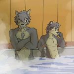  anthro awkward bath bathhouse blush canine clothed clothing dog duo father father_and_son fur fuze grey_eyes grey_fur hi_res husky kouya_(morenatsu) male mammal mitsuhisa_aotsuki morenatsu nude one_eye_closed parent partially_submerged smile smirk son topless tuft water yellow_eyes 