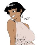  bare_shoulders black_eyes black_hair breasts dark_skin dated earrings grin hoop_earrings jewelry large_breasts nefertari_(tsukudani) original sharp_teeth short_hair signature simple_background sleeveless smile solo teeth tsukudani_(coke-buta) upper_body very_short_hair white_background 