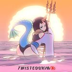  2018 animal_humanoid animated black_hair blue_eyes butt clothed clothing dragon_humanoid elma_(dragon_maid) female hair holding_object holding_weapon horn humanoid looking_at_viewer looking_back melee_weapon miss_kobayashi&#039;s_dragon_maid panties partially_submerged patreon polearm solo sun sunset trident twistedgrimtv underwear water weapon 