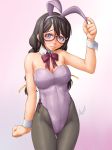  ^jj^ animal_ears bakemonogatari bare_shoulders black_hair blush bow braid breasts bunny_ears bunnysuit cleavage closed_mouth collarbone cowboy_shot detached_collar fake_animal_ears glasses gradient gradient_background hair_ornament hairclip hanekawa_tsubasa highleg highleg_leotard highres large_breasts leotard long_hair looking_at_viewer monogatari_(series) pantyhose purple_eyes semi-rimless_eyewear signature standing strapless strapless_leotard twin_braids wrist_cuffs 