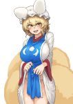  animal_ears blonde_hair blush breasts chanta_(ayatakaoisii) clothes_lift commentary_request cowboy_shot dress dress_lift extra_ears fox_ears fox_tail hat highres huge_breasts lifted_by_self looking_at_viewer multiple_tails open_mouth panties pillow_hat plump slit_pupils solo standing sweatdrop tabard tail thick_thighs thighs touhou underwear white_dress white_panties wide_hips wide_sleeves yakumo_ran 