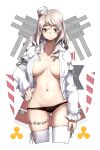  black_panties blush breasts brown_eyes commentary_request dress_shirt grey_hair groin hat highres kantai_collection large_breasts long_hair mini_hat navel no_bra no_pants oso_(toolate) panties pola_(kantai_collection) shirt sideboob solo thick_eyebrows thighhighs tilted_headwear underwear wavy_hair white_shirt 