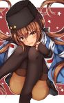 blue_capelet blush brown_eyes brown_hair brown_legwear capelet commentary_request convenient_leg eyebrows_visible_through_hair feet_out_of_frame fingerless_gloves gloves hair_between_eyes hair_ornament hairclip hat highres kantai_collection knees_to_chest long_hair long_sleeves looking_at_viewer natsu_narumi pantyhose papakha red_background shirt skirt smile solo star tashkent_(kantai_collection) thighs twintails 