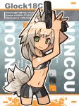  animal_ears bike_shorts closed_mouth cowboy_shot english glock_18c green_eyes gun handgun holding holding_gun holding_weapon long_hair looking_at_viewer midriff multiple_tails nancou_(nankou) navel original silver_hair smile solo sports_bikini sports_bra tail tattoo weapon 