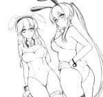  alternate_costume animal_ears arm_behind_back ass braid breasts bunny_ears bunny_tail bunnysuit cleavage covered_navel detached_collar dutch_angle fake_animal_ears fake_tail from_behind greyscale ichinomiya_(blantte) kantai_collection large_breasts leotard long_hair looking_at_viewer looking_back medium_breasts monochrome multiple_girls noshiro_(kantai_collection) sidelocks sketch smile tail thigh_strap twin_braids very_long_hair wrist_cuffs yahagi_(kantai_collection) 