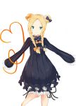  abigail_williams_(fate/grand_order) absurdres alternate_costume bangs black_bow black_dress blonde_hair blood blue_eyes bow braid bug butterfly closed_mouth commentary_request double_bun dress eyebrows_visible_through_hair fate/grand_order fate_(series) forehead hair_bow head_tilt heart highres insect long_hair long_sleeves low_twintails orange_bow parted_bangs polka_dot polka_dot_bow side_bun sleeves_past_fingers sleeves_past_wrists smile solo twin_braids twintails white_background white_bloomers yukaa 