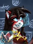  android ara black_fur black_hair blue_eyes cat cybernetics digital_media_(artwork) feline female fur glowing hair hologram machine mammal mtapartstuff multicolored_fur red_fur robot solo white_fur 