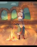  arch blue_hair bonfire boots coat commentary covered_mouth dark_souls fire hair_bun jitome letterboxed long_sleeves nyoron_(fudegatana) outdoors purple_eyes red_eyes scarf shima_rin solo souls_(from_software) sword weapon yurucamp 
