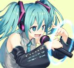  aqua_eyes aqua_hair detached_sleeves green_hair hatsune_miku headset kinshi long_hair microphone music necktie singing solo twintails very_long_hair vocaloid 