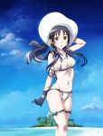  adapted_costume beach bikini black_gloves black_hair blue_ribbon blue_sky breasts cloud commentary_request covered_nipples day gloves green_eyes hair_ribbon hat kantai_collection long_hair looking_at_viewer low_twintails medium_breasts navel open_mouth outdoors ribbon sameha_ikuya sky solo standing sun_hat suzukaze_(kantai_collection) swimsuit twintails white_bikini white_hat 