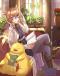  animal_ears blue_eyes book braid brown_footwear chocobo couch crossed_legs final_fantasy final_fantasy_xiv glasses hand_up highres holding holding_book indoors looking_at_viewer miqo'te ojiki open_book plant potted_plant saliva sitting smile solo tail whisker_markings window 