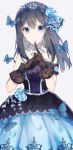  bad_id bad_pixiv_id blue_eyes blue_flower blue_hair blue_rose blue_skirt brown_gloves bug butterfly closed_mouth dress flower gloves gocoli grey_background hair_flower hair_ornament hands_up highres idolmaster idolmaster_cinderella_girls idolmaster_cinderella_girls_starlight_stage index_finger_raised insect jewelry light_smile long_hair looking_at_viewer mole mole_under_eye necklace rose sagisawa_fumika simple_background skirt solo standing tiara 
