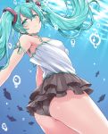  air_bubble aqua_eyes aqua_hair ass bubble camisole fish hasu_(hk_works) hatsune_miku long_hair looking_at_viewer skirt solo submerged twintails underwater vocaloid 
