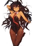  absurdres alternate_costume animal_ears bangs black_hair black_leotard blush breasts bunny_ears bunnysuit closed_mouth commentary detached_collar fake_animal_ears glasses hand_behind_head highres kaamin_(mariarose753) kantai_collection large_breasts leotard long_hair messy_hair necktie ooyodo_(kantai_collection) pantyhose smile standing standing_on_one_leg sweatdrop thigh_gap white_background 