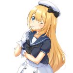  blonde_hair blue_eyes blue_sailor_collar commentary cowboy_shot dress finger_to_mouth gloves hat jervis_(kantai_collection) kantai_collection long_hair looking_at_viewer one_eye_closed sailor_collar sailor_dress sailor_hat short_sleeves simple_background smile solo white_background white_dress white_gloves white_hat yumemi_kusamochi 