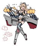  :d ahoge american_flag american_flag_print blonde_hair blush breasts cannon cleavage closed_eyes commentary elbow_gloves firing flag_print full_body garter_straps gloves heart iowa_(kantai_collection) kantai_collection large_breasts long_hair microskirt navel open_mouth rigging sidelocks skirt smile solo terrajin thighhighs turret 