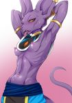  abs anthro armband beerus big_ears blush bracelet breasts cat clothed clothing crossgender dragon_ball dragon_ball_super ear_piercing fangs feline female hairless half-closed_eyes hands_behind_head jewelry mammal navel navel_piercing nipples piercing pose ribs seductive slit_pupils solo sphynx sweat teba_motoko tongue tongue_out topless yellow_sclera 