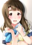  bashosho blush bra breasts brown_eyes brown_hair cleavage eyebrows_visible_through_hair highres idolmaster idolmaster_million_live! lifted_by_self long_hair looking_at_viewer medium_breasts miyao_miya open_mouth school_uniform serafuku solo underwear 