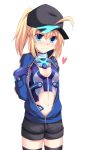  artoria_pendragon_(all) baseball_cap black_hat blonde_hair blue_eyes blush breasts cross_(crossryou) fate/grand_order fate_(series) fingerless_gloves gloves hair_through_headwear hat heart highres jacket looking_at_viewer md5_mismatch mysterious_heroine_x navel open_clothes open_jacket ponytail shorts simple_background small_breasts solo standing thighhighs track_jacket 