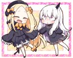  :d :o ^_^ abigail_williams_(fate/grand_order) absurdres bangs black_bow black_dress black_footwear black_hat blonde_hair blue_eyes blush bow bug butterfly closed_eyes commentary_request dress fate/grand_order fate_(series) hair_bow hat highres holding_hands horn insect jako_(jakoo21) lavinia_whateley_(fate/grand_order) long_hair long_sleeves multiple_girls open_mouth orange_bow parted_bangs parted_lips pink_eyes polka_dot polka_dot_bow silver_hair sleeves_past_fingers sleeves_past_wrists smile very_long_hair 