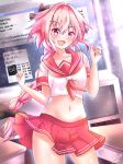  :d astolfo_(fate) bangs black_bow blush bow braid bulge character_name collarbone commentary contrapposto cowboy_shot crop_top dot_nose dutch_angle eyebrows_visible_through_hair fang fate/apocrypha fate/grand_order fate_(series) groin hair_between_eyes hair_bow hair_intakes hands_up highres indoors light_particles long_hair looking_at_viewer male_focus miniskirt navel neckerchief nekobox open_mouth otoko_no_ko pink_hair pink_neckwear pleated_skirt purple_eyes raised_eyebrows red_sailor_collar red_skirt runes sailor_collar school_uniform serafuku shirt short_sleeves signature single_braid skirt sleeve_cuffs smile solo standing stomach very_long_hair white_shirt 