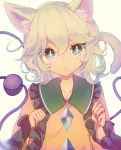  :&lt; animal_ears bangs blonde_hair bright_pupils cat_ears cat_tail closed_mouth diamond_shaped_buttons eyebrows_visible_through_hair frilled_shirt_collar frills kemonomimi_mode komeiji_koishi long_sleeves looking_at_viewer paw_pose shirt short_hair solo symbol-shaped_pupils tail tareme third_eye touhou tsukikusa upper_body wide_sleeves yellow_shirt 